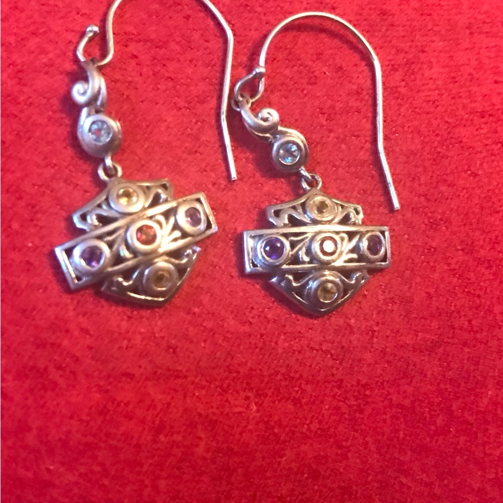Harley Davidson Bar and Shield Silhouette Bling Hook Earrings - Filigree Style